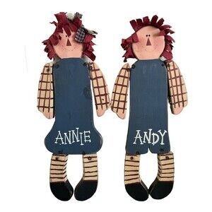 Vintage Raggedy Ann Andy Hand Painted Wooden Board Wall Plaques Pair 19” x 7.5”
